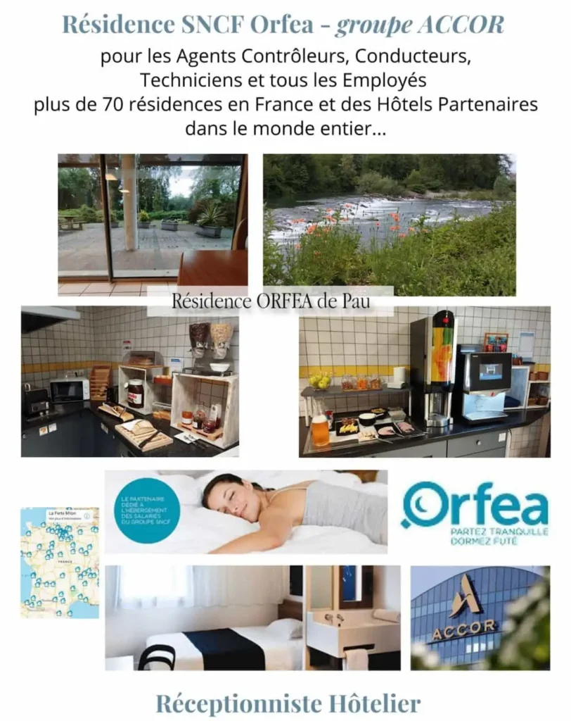 photos représentant la Résidence hôtelière SNCF ORFEA à Pau (64), vues sur l'intérieur et extérieur et le logo de l'entreprise