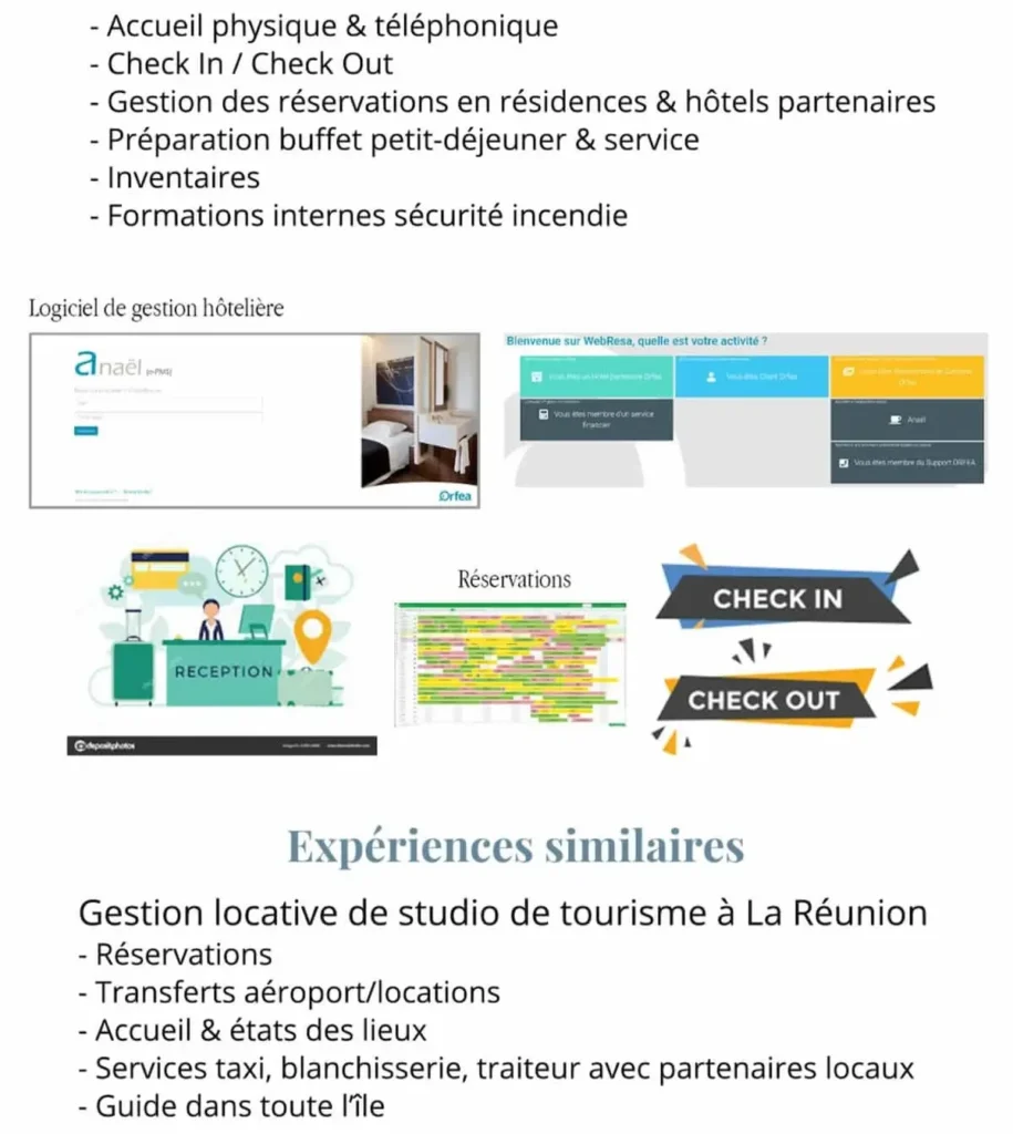photos représentant les logiciels utilisés à la Résidence hôtelière SNCF ORFEA à Pau (64) et une liste de tâches effectuées