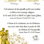 faire-part de mariage, illustration fleurs et couple en or, texte