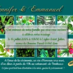 faire-part de mariage, illustration feuilles et fleurs exotiques, texte