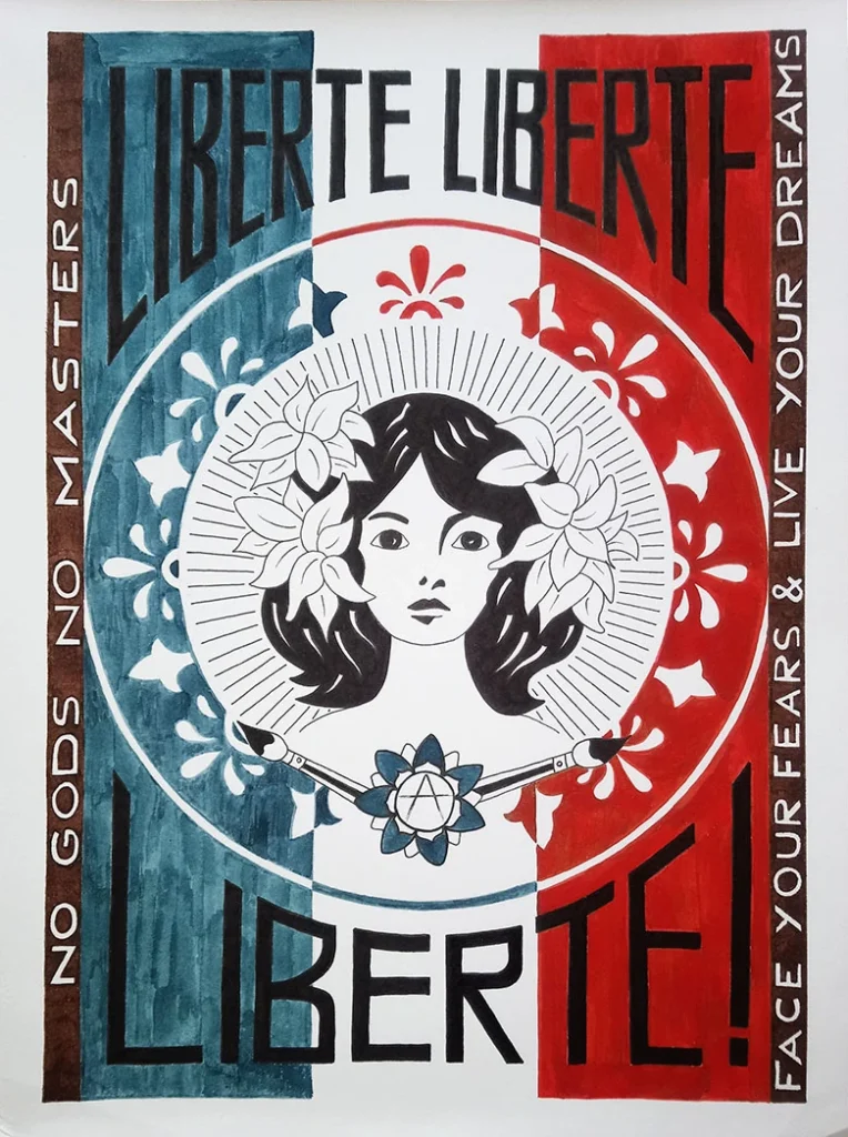 illustration aux encres représentant une adaptation de l'oeuvre de Obey (Liberté, Egalité, Fraternité) avec le slogan "Liberté, Liberté, Liberté !" à la place