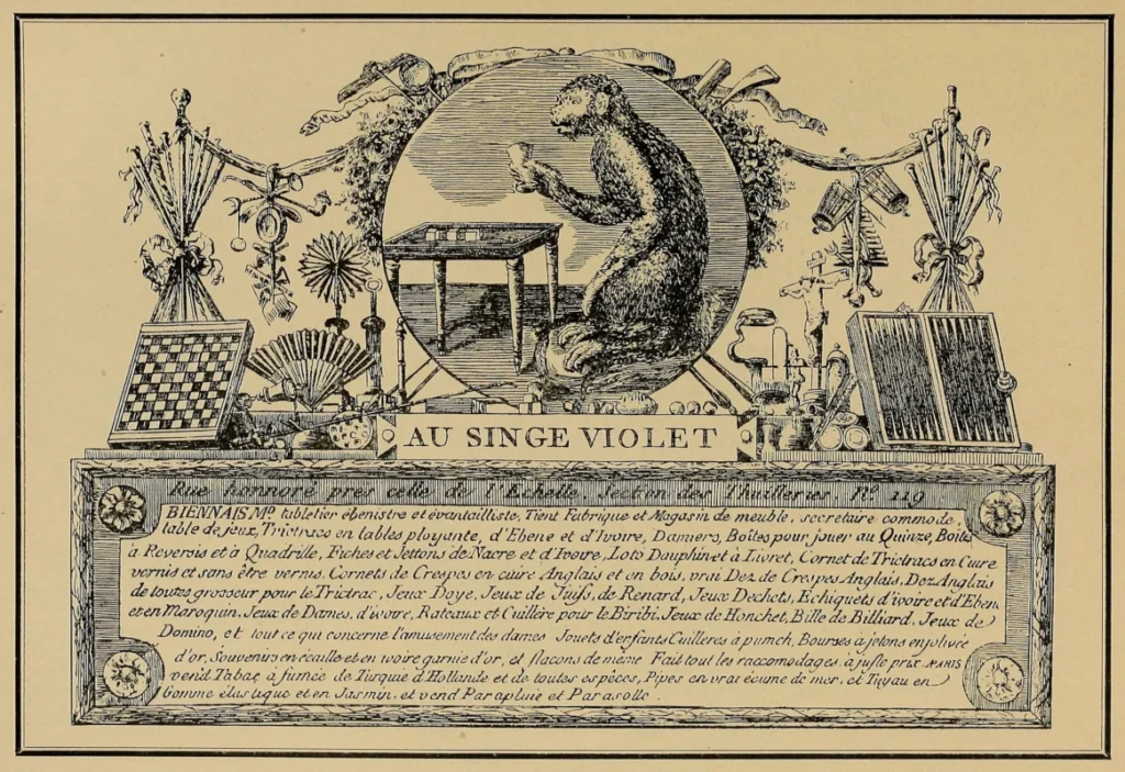 image d'une des premières cartes de visite "Au Singe Violet"
