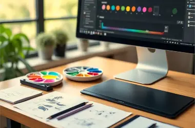 vue sur un bureau de graphiste, avec un ordinateur affichant une palette de couleurs, des croquis et crayons