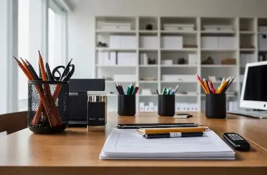 Visuel pour le secretariat : bureau, pot à crayons, ordinateur...