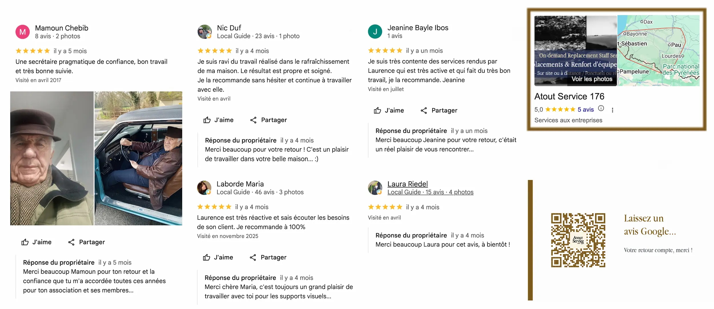 extraits d'avis laissés sur la fiche Google d'Atout Service 176